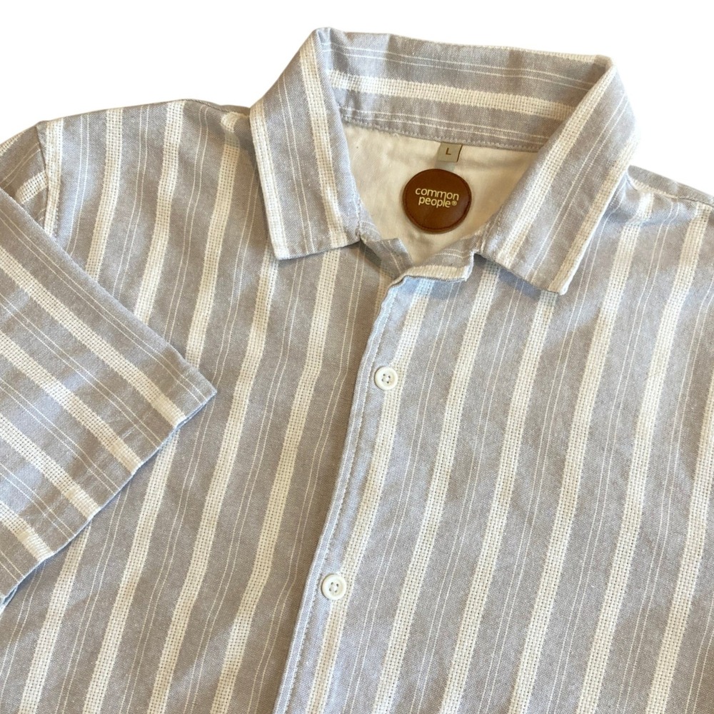 Common People Mens Large Grey White Striped Soft Textured S/S Button Down